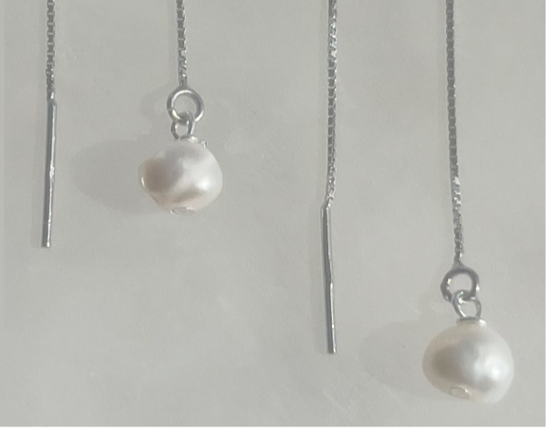 Silver Thread Earrings With Freshwater Pearls