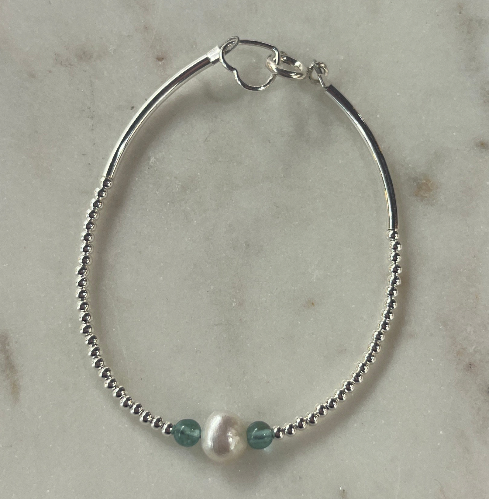 Silver Bracelet With Apatite Gemstone and Freshwater Pearl