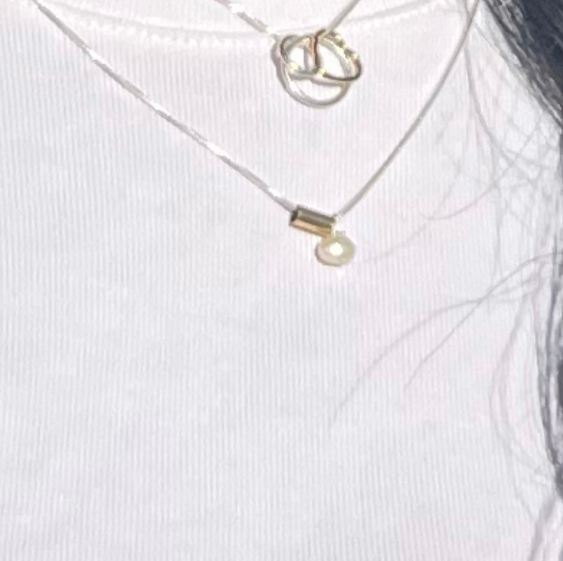 Silver Necklace Pearl With Gold Bar