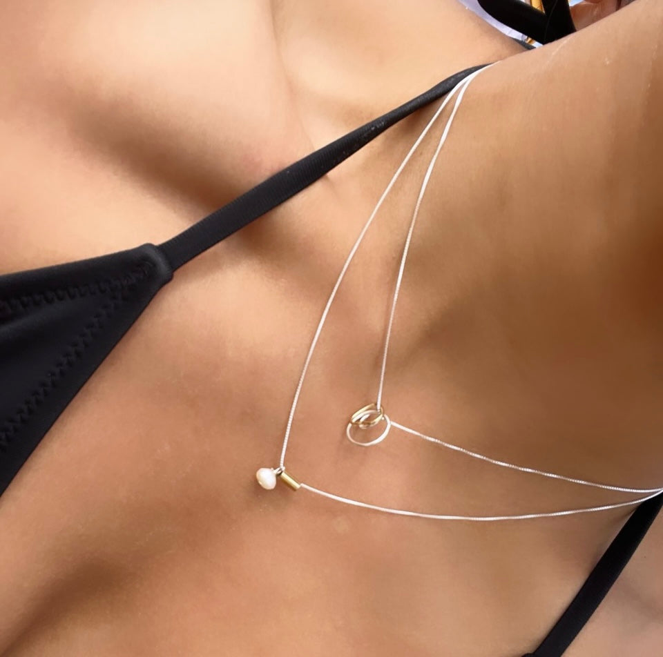 Silver Necklace Pearl With Gold Bar