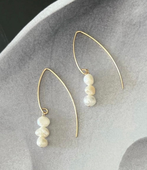 Gold Three Pearl Drop Earrings