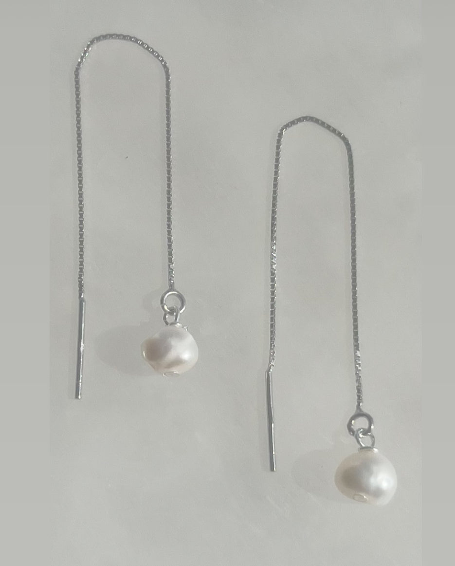Silver Thread Earrings With Freshwater Pearls