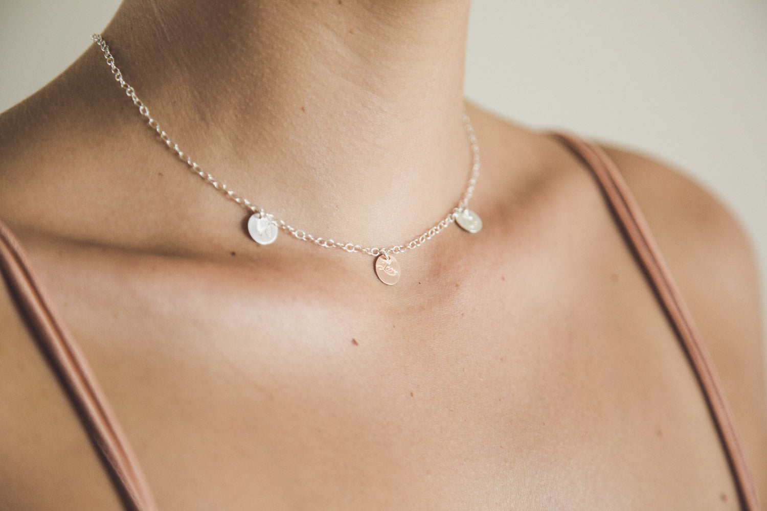 Stg Silver & Rose Gold Necklace with Three Hand stamped Discs