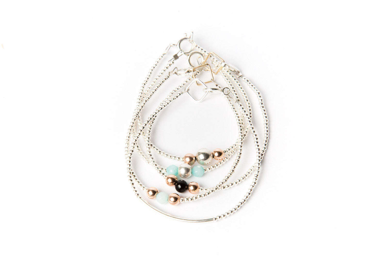 Sterling silver Rolled Gold Ball Bracelet 'Rose Gold + Aqua Amazonite'
