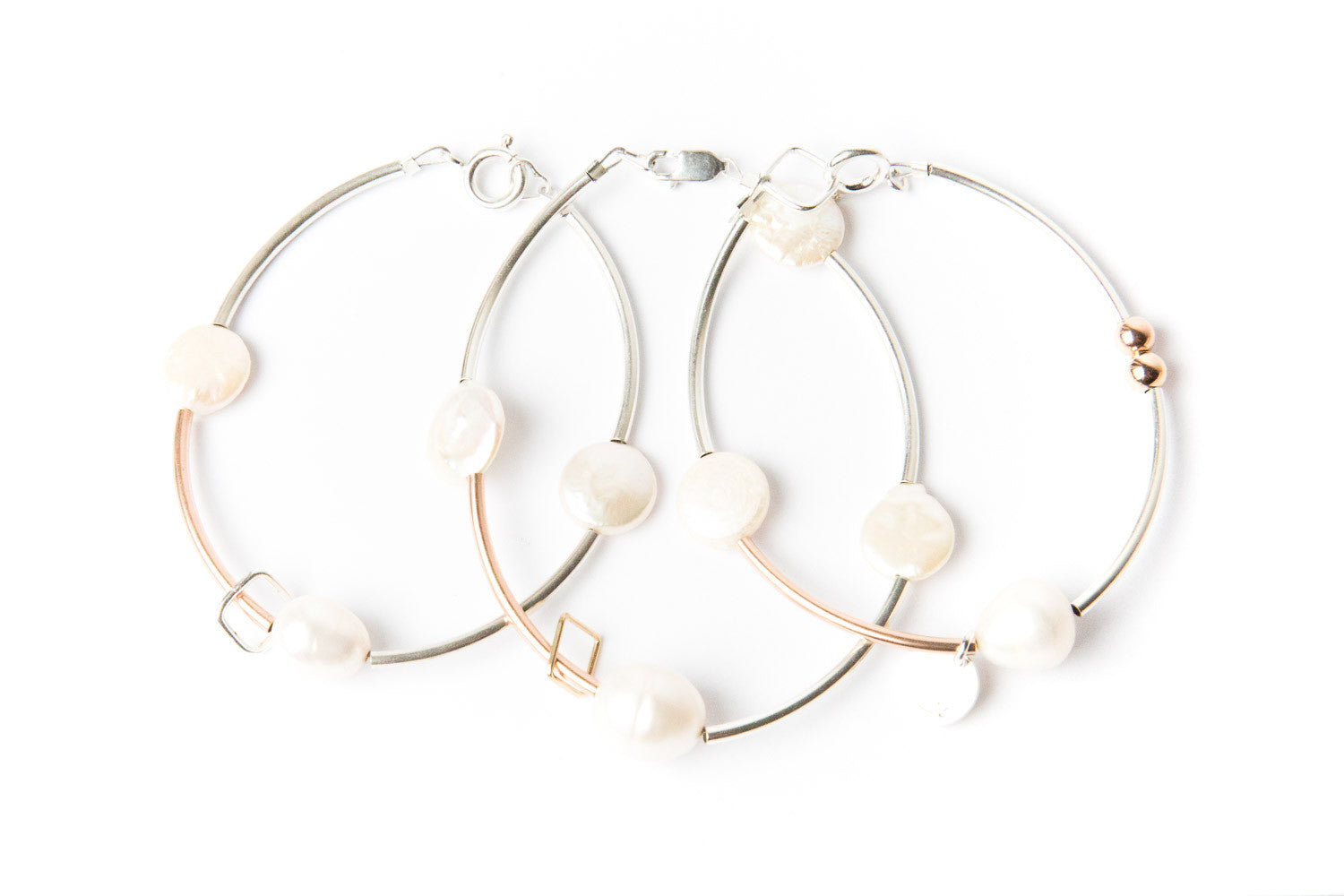 Sterling Silver Bracelet with Baroque Pearl + Silver Square charm