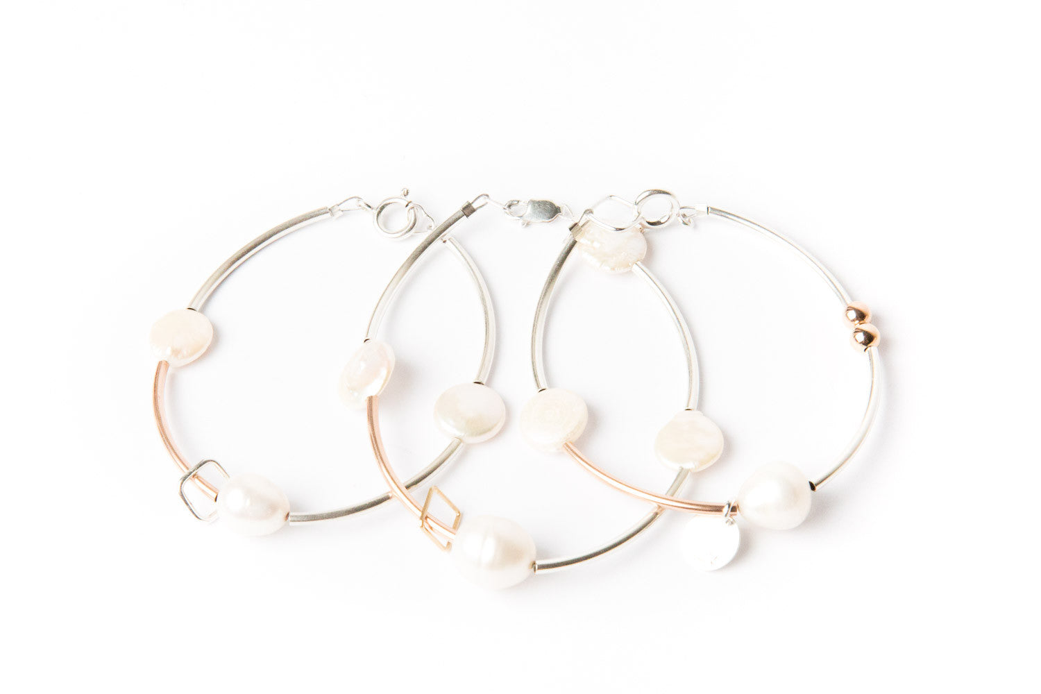 Sterling Silver Bracelet with Baroque Pearl + Silver Square charm