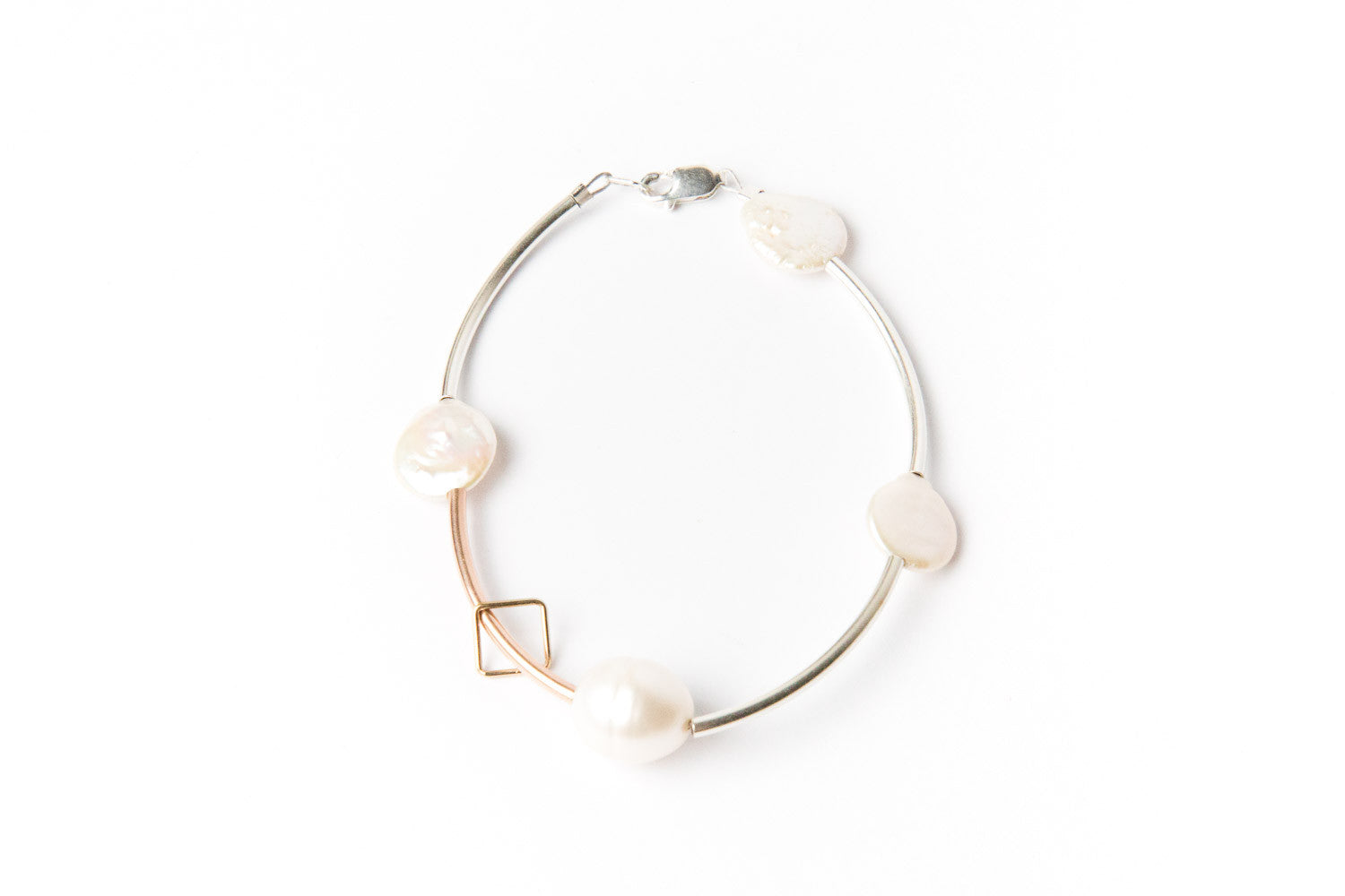 Sterling Silver Bracelet with Coin & Baroque Pearl + Gold Square Charm