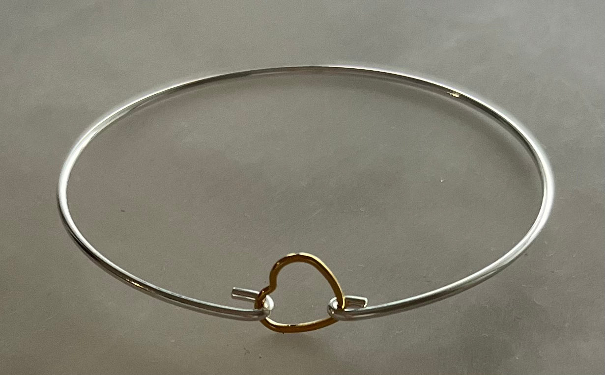 Solid Silver & Gold Heart Cuff Bangle
