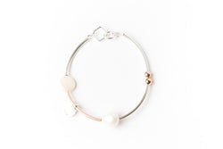 Sterling Silver Bracelet with Coin, Baroque freshwater Pearls + Rose Gold Balls