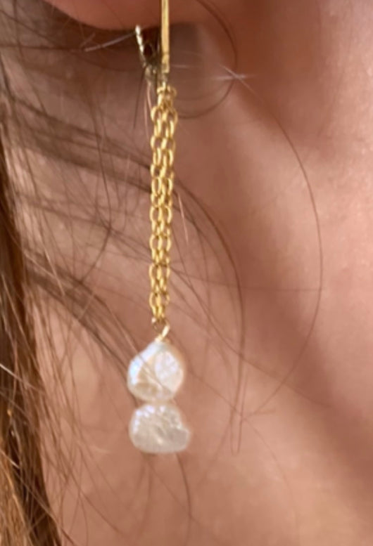 Double freshwater pearl gold chain drop earrings
